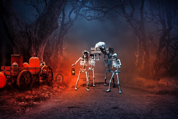 A ghost skeleton was terrifyingly carrying a coffin out of the cemetery in the middle of the night.