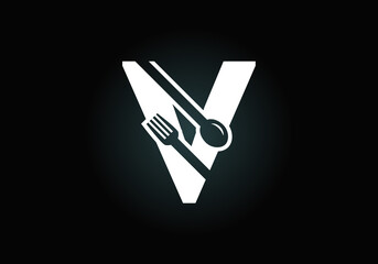 Initial V monogram alphabet with a fork, spoon. Font emblem. Modern vector logo for cafe, restaurant, cooking business, and company identity