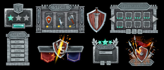 Stone game interface menu design elements kit, gray rock frame panel, award badge, wooden shield. Medieval knight weapon, level selection background, VS sign team banner. Isolated stone UI game set © Oleksandra