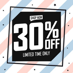 Summer Sale 30% off, poster design template, season best offer. Discount banner for online shop, vector illustration.