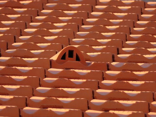 Tile masonry on the roof of the Angel Gabriel Church in Haifa Atika, Israel, close-up.