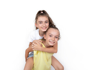 two sisters happy and fun. two girls having fun time. isolated on white background.