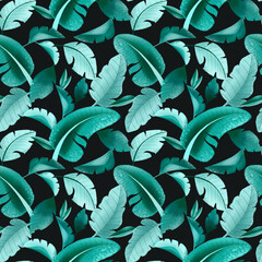 Seamless pattern with bright large tropical leaves on a dark background. Botanical illustration for decor, postcards, packaging, clothing