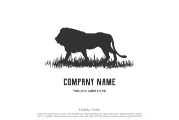 Vintage Lion with Grass Savanna for Wildlife Adventure Logo Design Vector