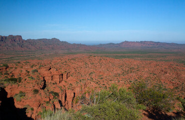 Prehistoric cliffs in Sierra de las Quijadas National Park, San Luis, Argentina. Arid desert landscape. Red sandstone canyon and valley.