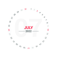 July 2022 Planner Circle Calendar. Saturday and Sunday weekend. Simple unique planner calendar template vector design.