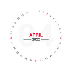April 2022 Planner Circle Calendar. Saturday and Sunday weekend. Simple unique planner calendar template vector design.