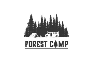 Obraz premium Pine Cedar Spruce Conifer Evergreen Fir Larch Cypress Hemlock Trees Forest with Car and Bonfire for Outdoor Camp Adventure Logo Design Vector