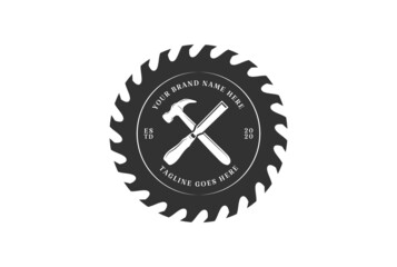 Vintage Circular Saw Blade with Hammer and Chisel for Carpenter or Woodworking Logo Design Vector