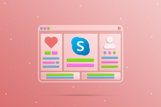 Browser window with social elements skype networks, user social profile and activity 3d