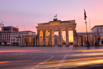 The Brandenburg Gate and light tracks, Berlin, Germany