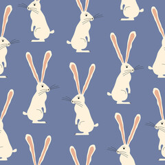 Standing white rabbit with long ears. Adorable hare on a blue background. Cute bunny character hand drawn vector illustration. Easter card. Forest animal seamless pattern. 