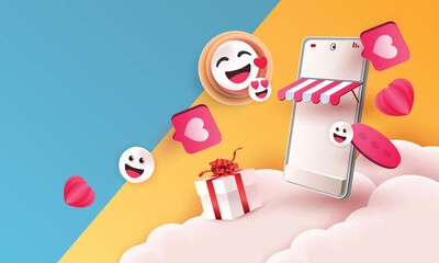 Fototapeta premium shopping online and Social media emoji followers internet media banner, network message icons. Vector illustation background on phone 