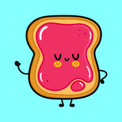 Cute funny toast with jam character. Vector hand drawn cartoon kawaii character illustration icon. Isolated on blue background. Toast with jam character concept