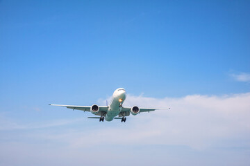 Passenger commercial airplane landing against blue cloudy sky.
