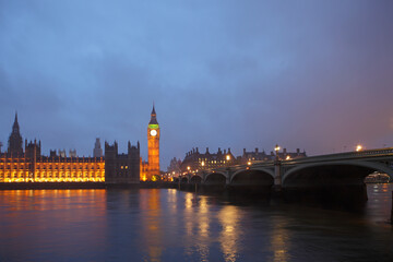 Fototapeta na wymiar Palace of Westminster at dusk viewed from across the river Thames, London, UK