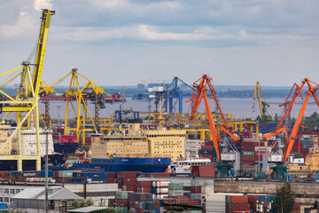 Russia. Saint-Petersburg. Merchant ships and cargo in the seaport.