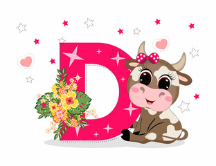 Cute Cartoon little baby beautiful cow girl with letter D. Perfect for greeting cards, party invitations, posters, stickers, pin, scrapbooking, icons.