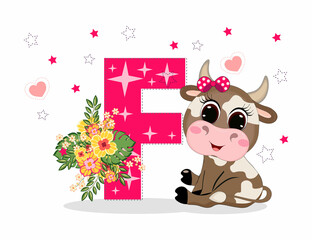 Cute Cartoon little baby beautiful cow girl with letter F. Perfect for greeting cards, party invitations, posters, stickers, pin, scrapbooking, icons.