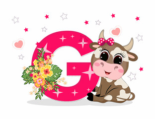Cute Cartoon little baby beautiful cow girl with letter G. Perfect for greeting cards, party invitations, posters, stickers, pin, scrapbooking, icons.