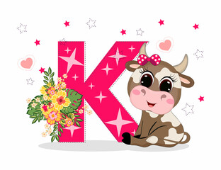 Cute Cartoon little baby beautiful cow girl with letter K. Perfect for greeting cards, party invitations, posters, stickers, pin, scrapbooking, icons.