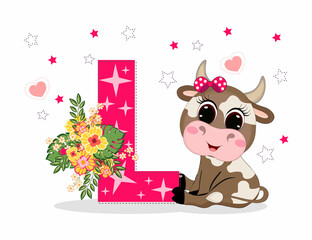 Cute Cartoon little baby beautiful cow girl with letter L. Perfect for greeting cards, party invitations, posters, stickers, pin, scrapbooking, icons.