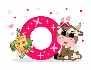 Cute Cartoon little baby beautiful cow girl with letter O. Perfect for greeting cards, party invitations, posters, stickers, pin, scrapbooking, icons.