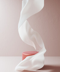 Premium podium, abstract minimal interior scene pastel fashion background. Mockup for the exhibitions, presentation of products, 3d rendering. Composition of flying fabric, cloth element.