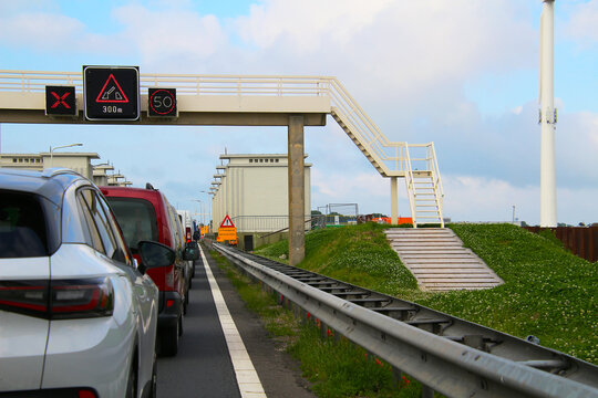 Traffic jam due to open floodgates (Afsluitdijk, Netherlands)
