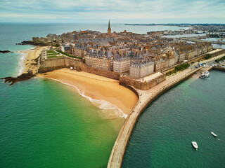 Scenic aerial drone view of Saint-Malo Intra-Muros, Brittany, France - obrazy, fototapety, plakaty