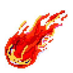 Falling fiery pixel comet. Flaming fire ball rushing towards planet burning asteroid with glowing yellow core red flame after powerful explosion with vector sparks.