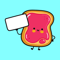 Cute funny toast with poster. Vector hand drawn cartoon kawaii character illustration icon. Isolated on blue background. Toast think concept
