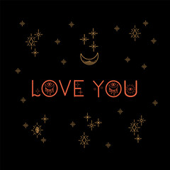 Fototapeta na wymiar Greeting card for the new year I love you. In the circle of the moon and stars for your loved ones at Christmas. Vector illustration
