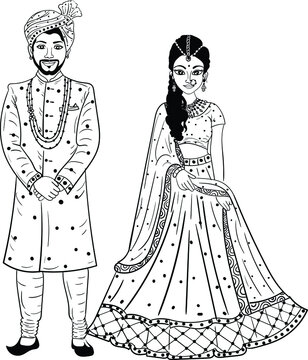 Indian bride and groom vector line art drawing clip art. indian • wall  stickers wedding, vintage, vector | myloview.com
