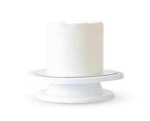 high white cake without decor on a stand isolated on white background. even round cake mockup and...