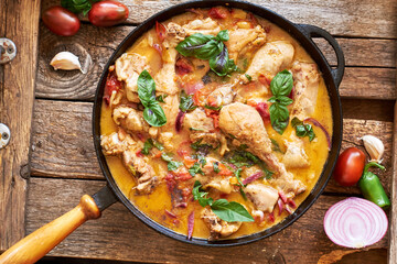 Chakhokhbili. Chicken stew with tomatoes, chili pepper, garlic, basal