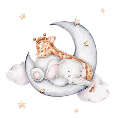 Cute giraffe and elephant sleeping on the moon; watercolor hand drawn illustration; with white isolated background - obrazy, fototapety, plakaty