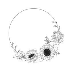 Sunflower hand drawn floral frame wreath - 449029049