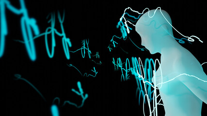 3D render of a blue body with abstract scribbles all around it on an isolated black background