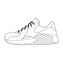 shoes sneaker outline drawing vector, shoes sneaker in a sketch style, trainers template outline, vector Illustration.
