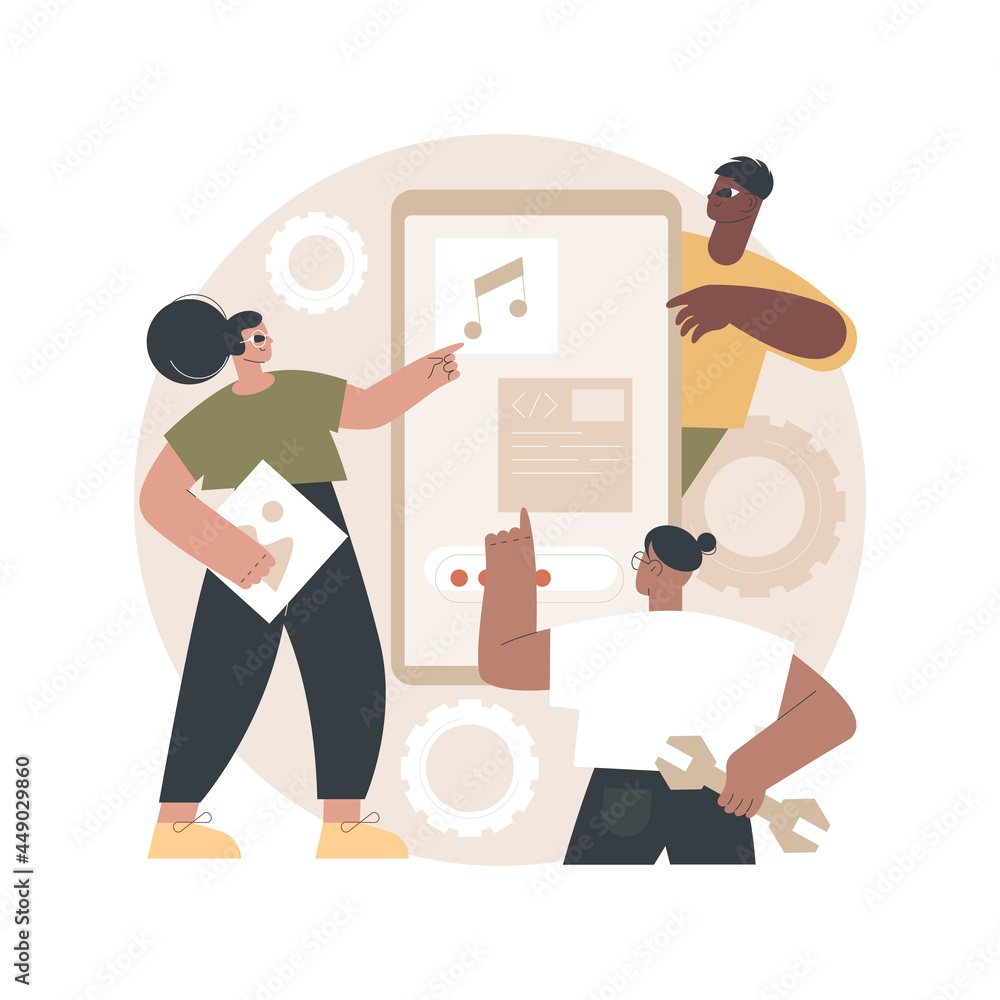 Poster mobile application development abstract concept vector illustration. mobile device app building plat