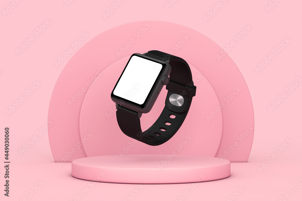 Poster black modern smart watch mockup and strap with blank screen for your design over pink cylinders prod
