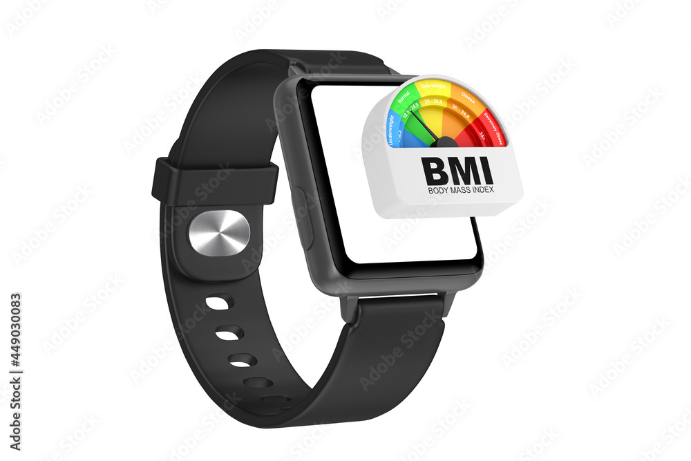 Poster Black Modern Smart Watch Mockup and Strap with BMI or Body Mass Index Scale Meter Dial Gage Icon. 3d Rendering