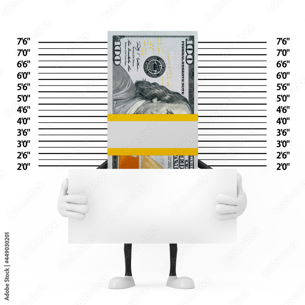 Aufkleber Stack of One Hundred Dollar Bills Person Character Mascot with Identification Plate in front of Police Lineup or Mugshot Background. 3d Rendering