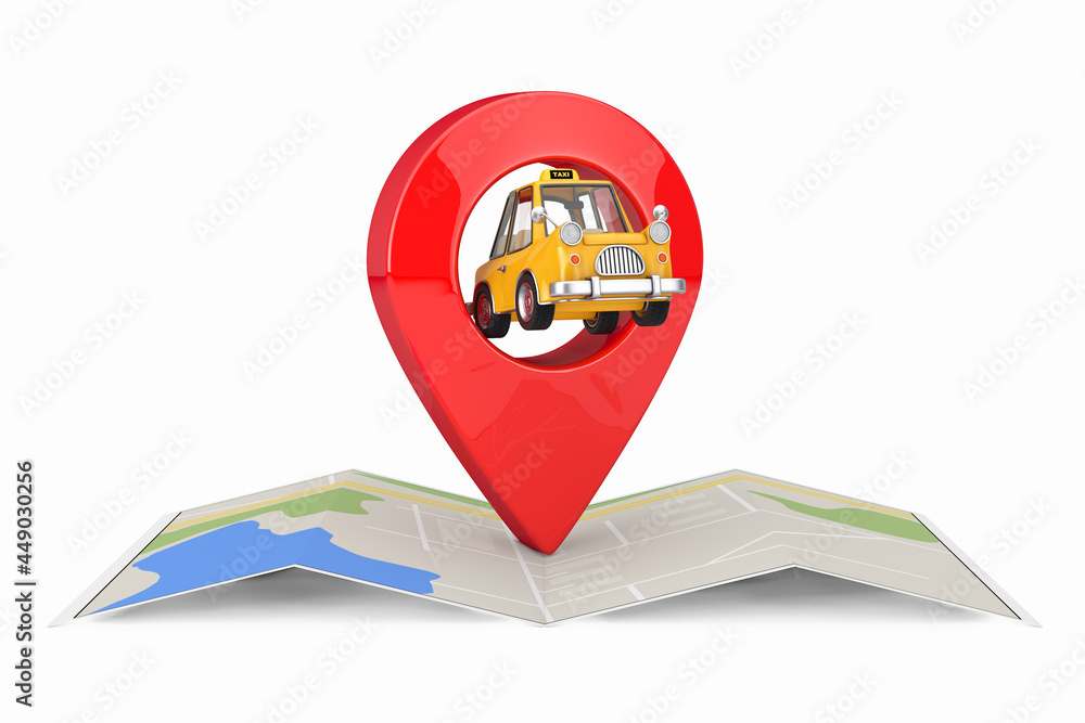 Poster yellow cartoon taxi car with red map pointer target pin over abstract map. 3d rendering