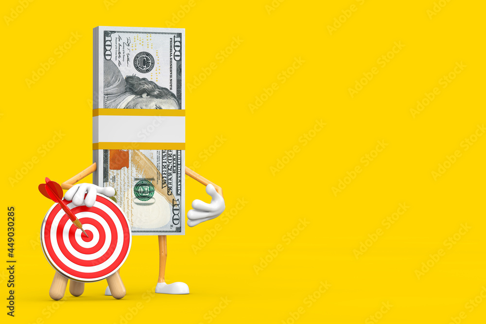 Poster stack of one hundred dollar bills person character mascot with archery target and dart in center. 3d