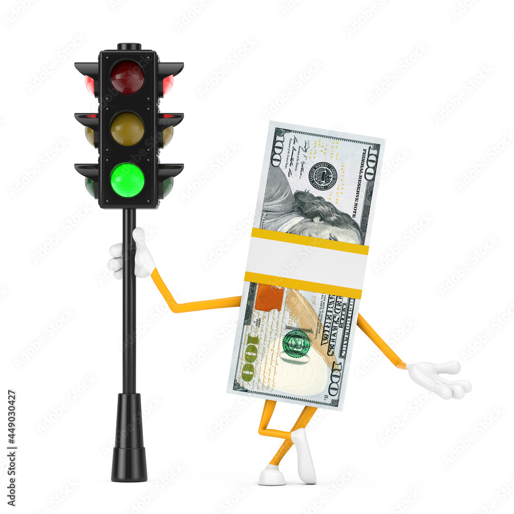 Poster stack of one hundred dollar bills person character mascot with traffic green light. 3d rendering