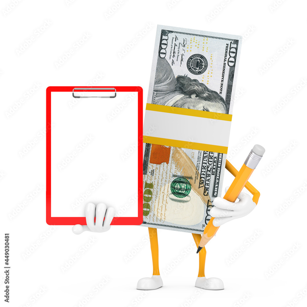 Poster stack of one hundred dollar bills person character mascot with red plastic clipboard, paper and penc