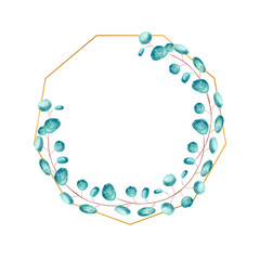 Golden diamond-shaped frame framed by green eucalyptus leaves on a white isolated background. Watercolor illustration