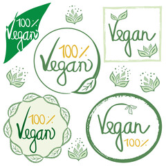 Vegan natural food concept. Set of green yellow white vector labels with doodle hand drawn lettering. Stickers, stamps design of different painterly leaf frames. Eco, raw, bio healthy, diet concept